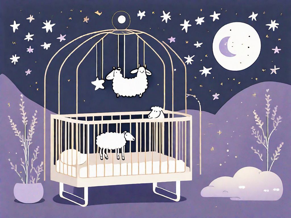 A crib under a moonlit night with a baby mobile featuring soothing elements like stars and sheep