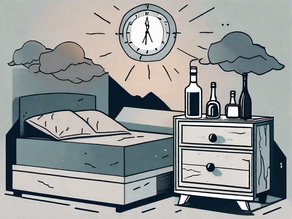 A nightstand with a bottle of alcohol and a clock showing late hours