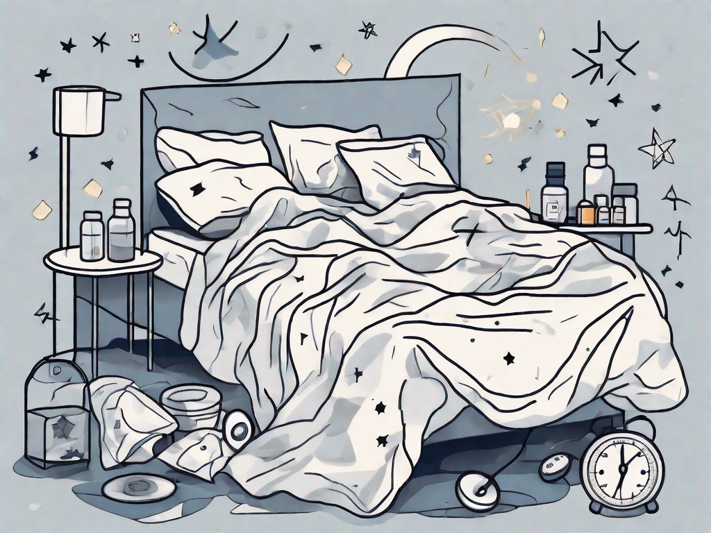 A bed with a chaotic mix of crumpled sheets and pillows