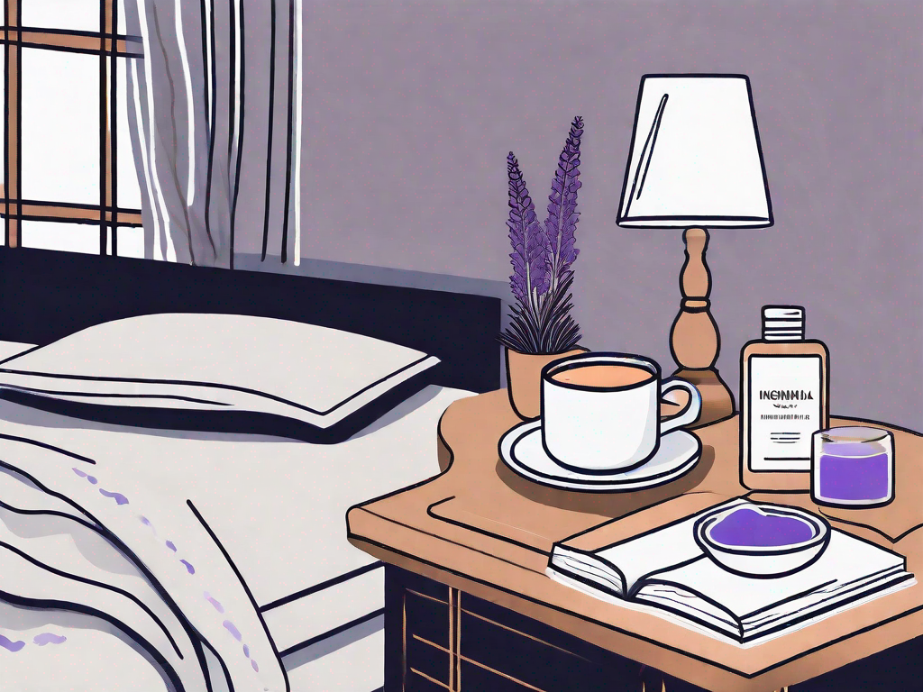 A tranquil bedroom setting with various home remedies like a cup of warm milk