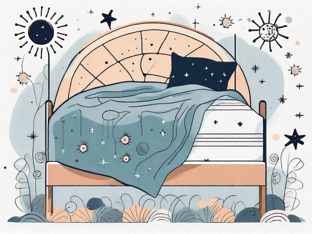 A bed surrounded by symbolic elements of the coronavirus (like the virus structure) and a moon with stars to represent sleep