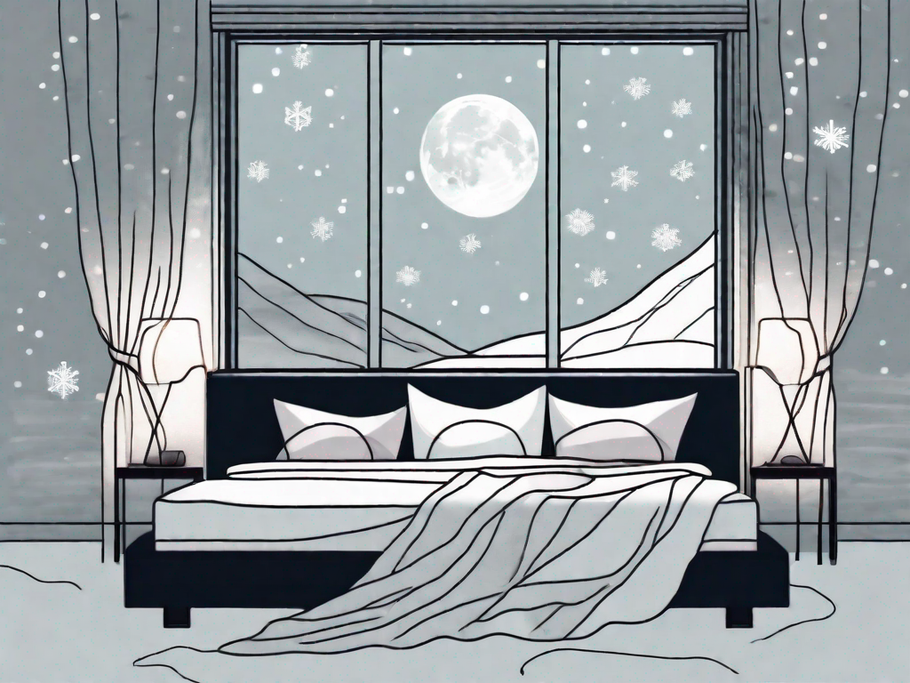 A bed with rumpled sheets and a moonlit window