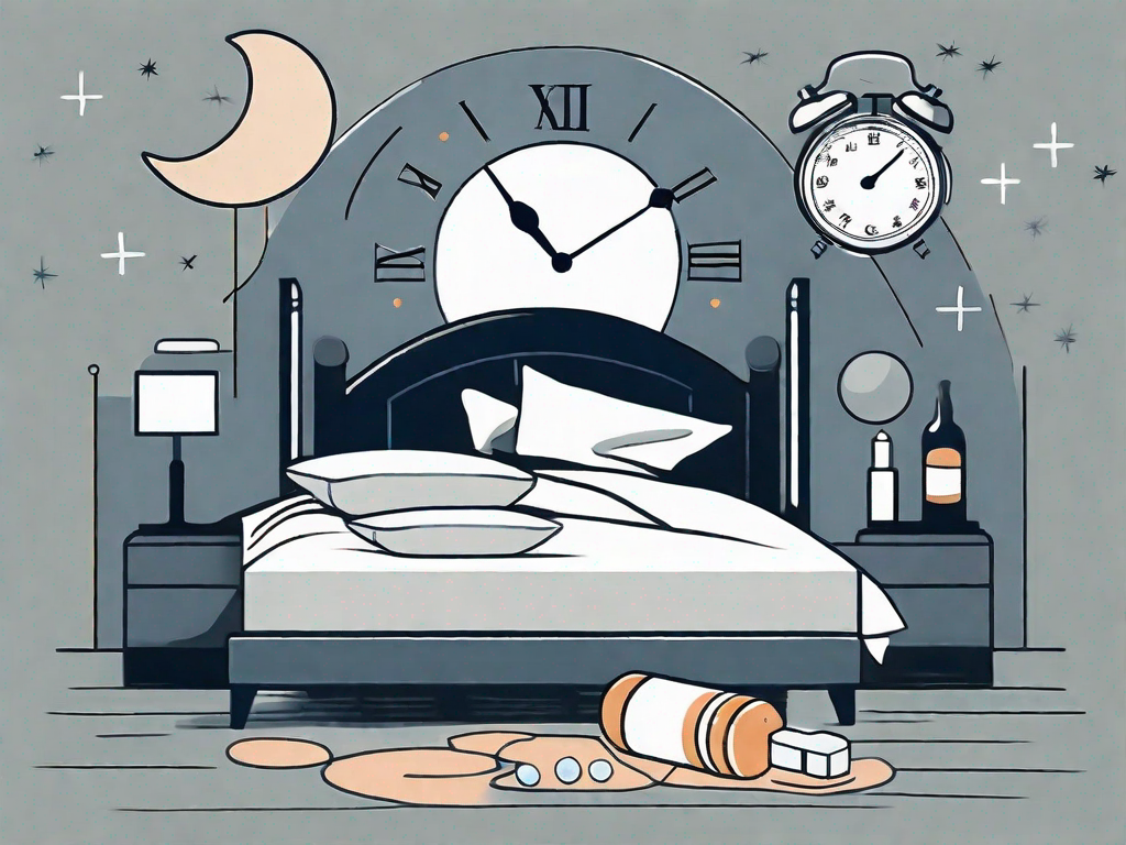 A night scene featuring a bed surrounded by symbolic elements like a bottle of cortisone pills