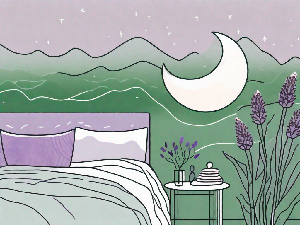 A bed surrounded by calming elements like lavender flowers and a moon