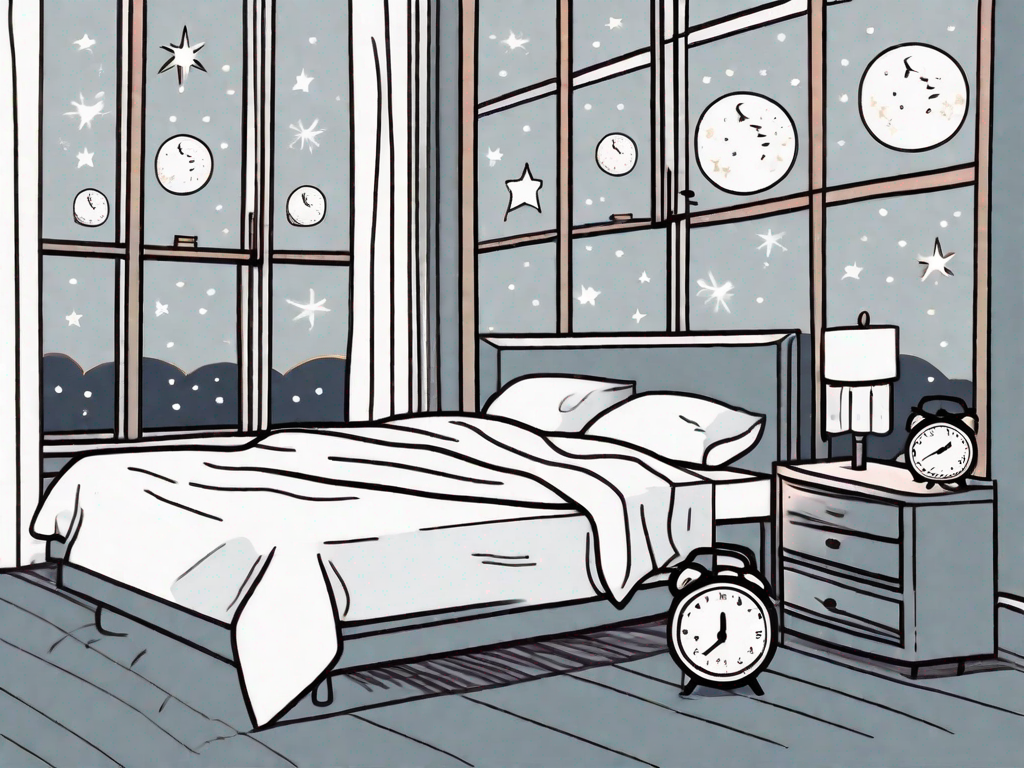 A bed surrounded by multiple alarm clocks showing different times