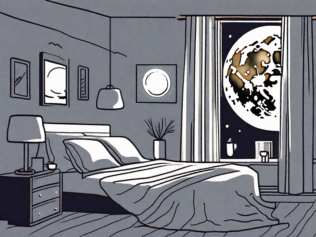 A peaceful night scene with a bright full moon illuminating a bedroom with an open window