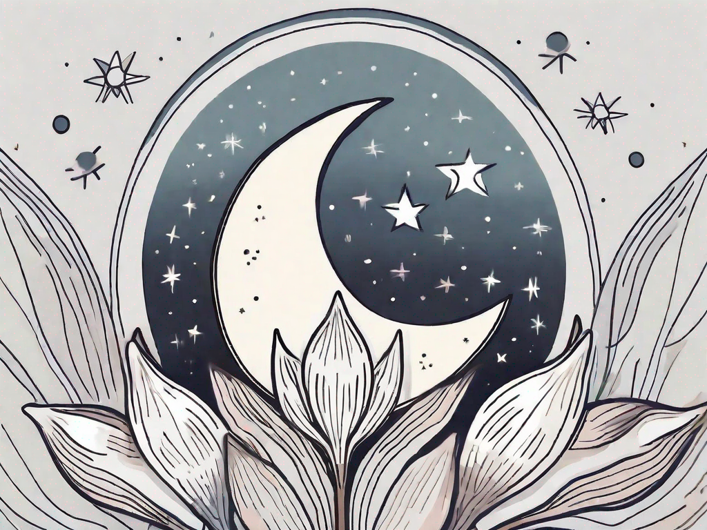 A garlic bulb next to a moon and stars