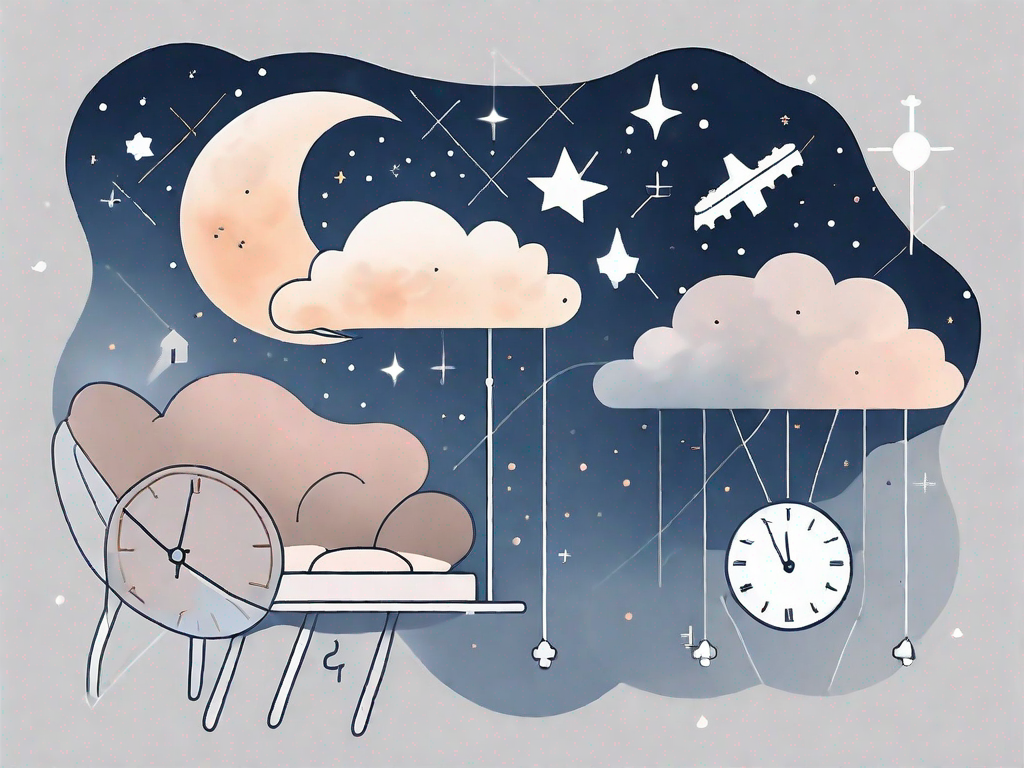 A night sky with scattered symbolic icons of a clock