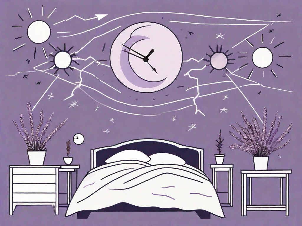 A restless bed surrounded by symbolic images of stressors such as clocks