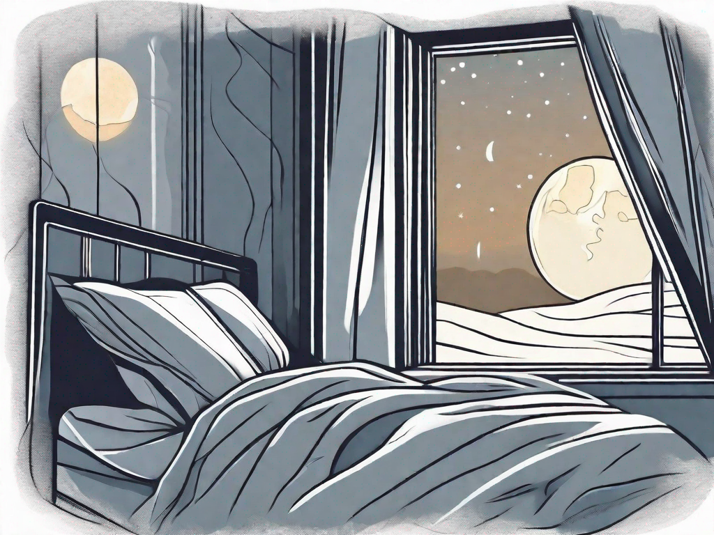 A restless bed with crumpled sheets and a glowing moonlight shining through a window