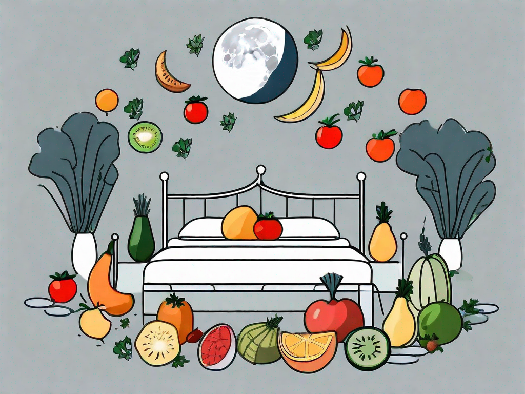 A bed surrounded by various diet foods like fruits