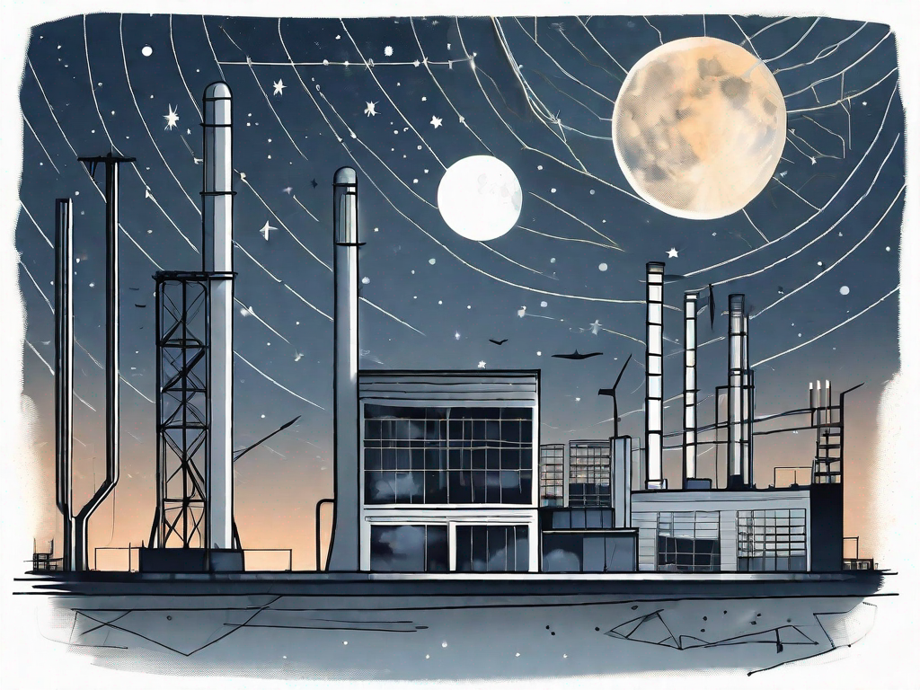 A night sky with various industrial structures such as factories and office buildings illuminated