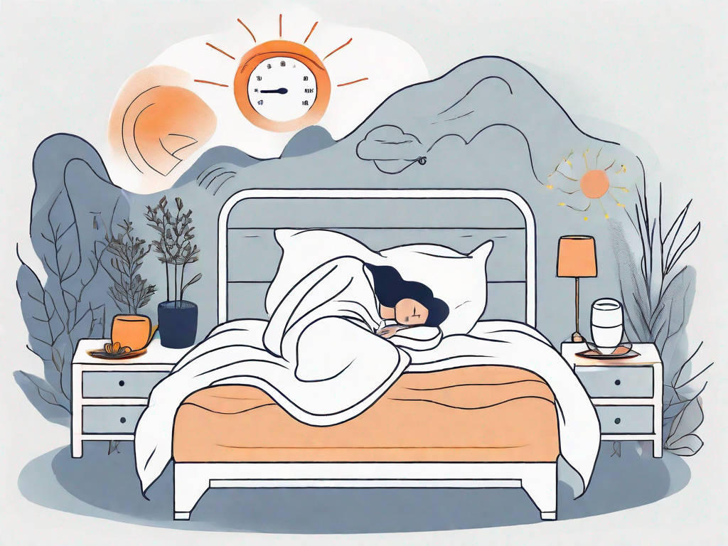 A bed surrounded by various sleep aids like herbal teas