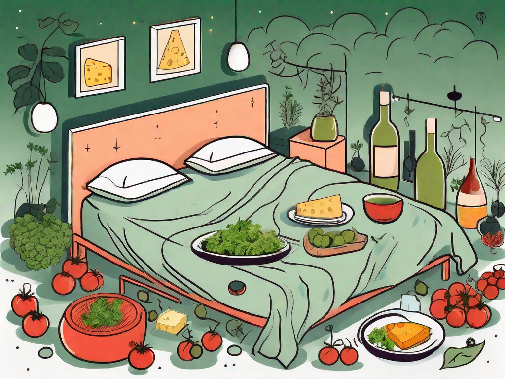 A night scene with a bed surrounded by symbols of common histamine-rich foods like cheese