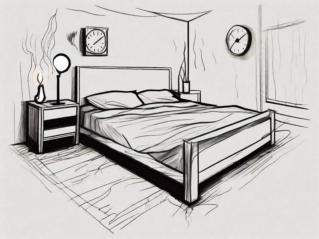 A dimly lit bedroom with a disheveled bed