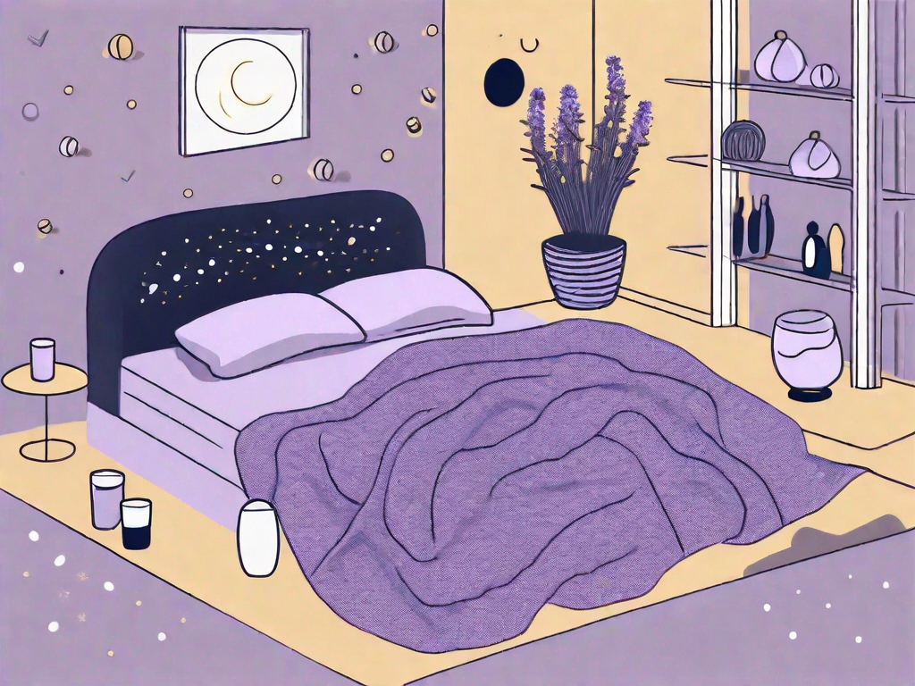 A bed surrounded by various relaxation items like a lavender candle