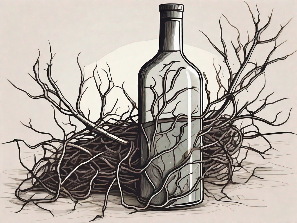 A bottle of alcohol and a bed tangled in thorny vines