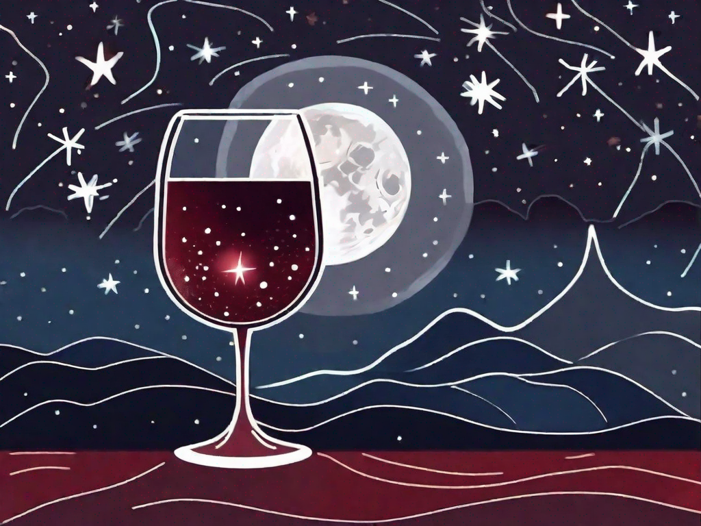A wine glass filled with red wine next to a night sky filled with stars and a moon