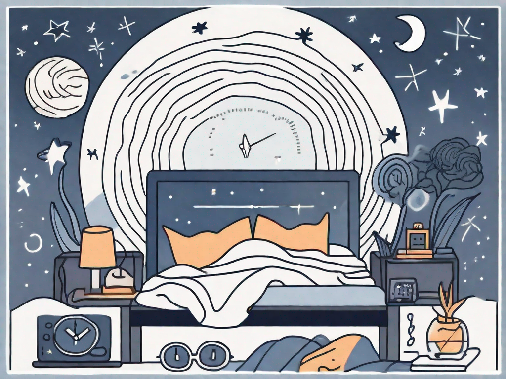 A bed surrounded by various symbols of stress like a ticking clock