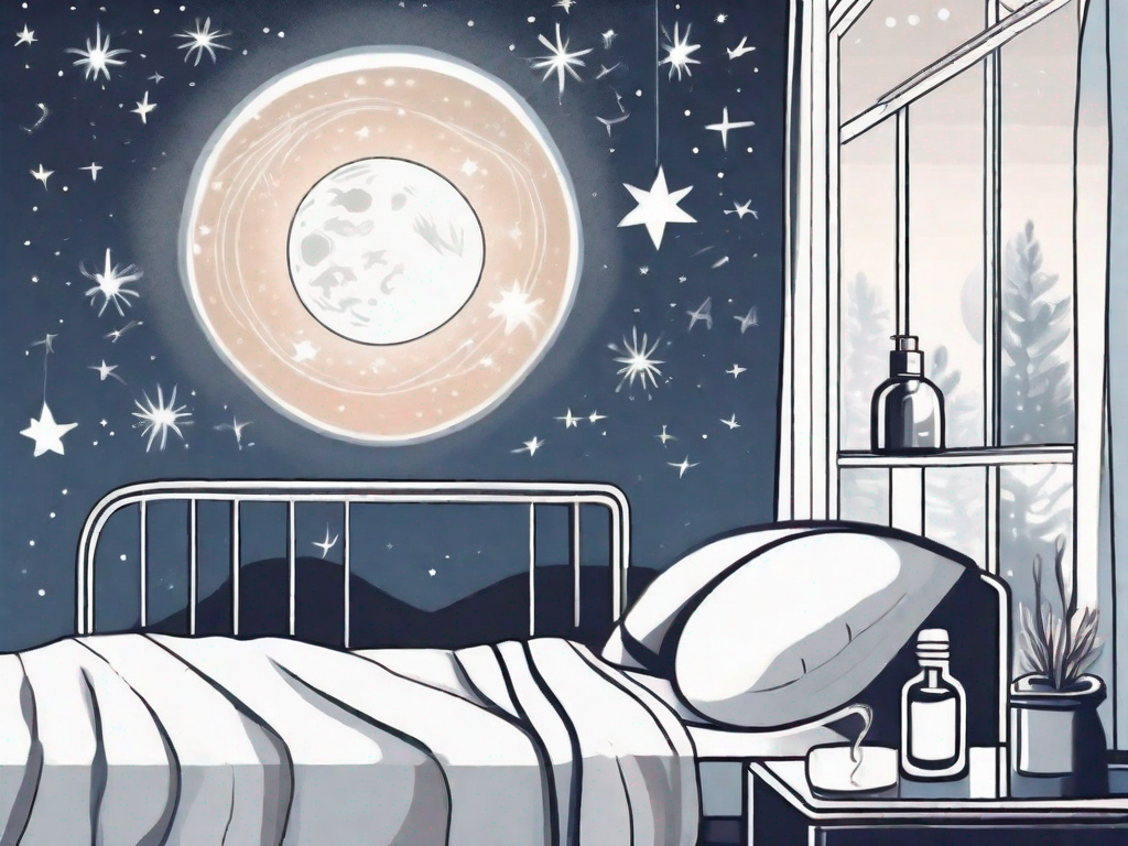 A calming tonic bottle next to a peaceful night scene with a moon