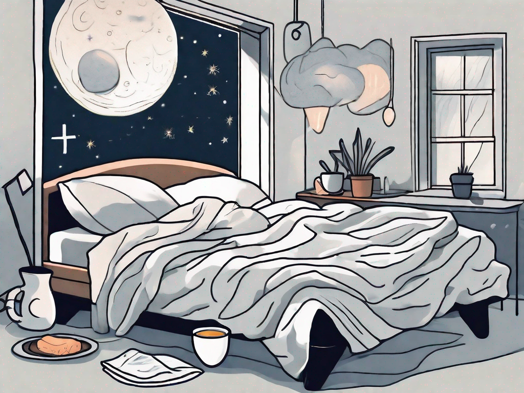 A bed with crumpled sheets and tissues