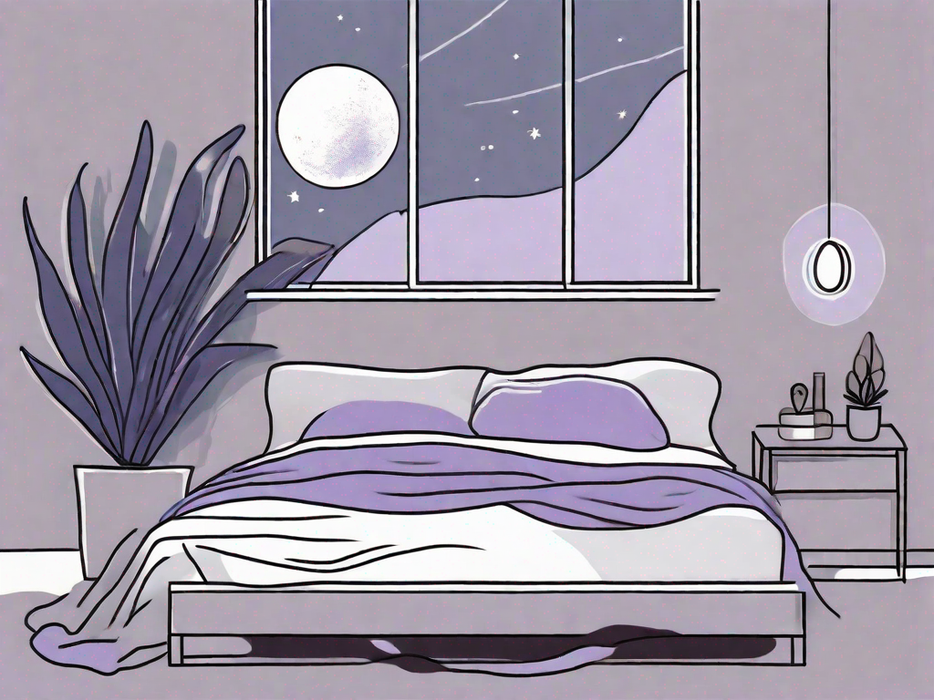 A serene bedroom environment with a moon shining through a window