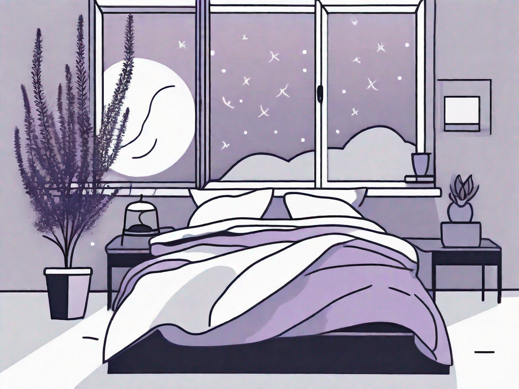 A tranquil bedroom scene with elements like a moonlit window