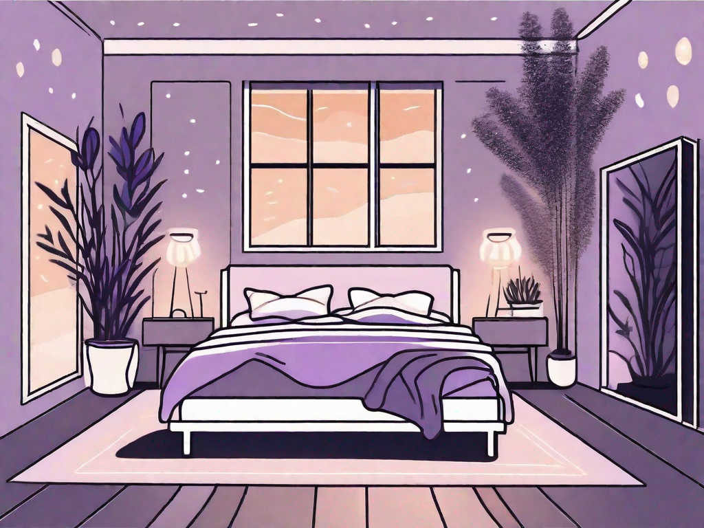 A peaceful bedroom setting at night with a comfortable bed