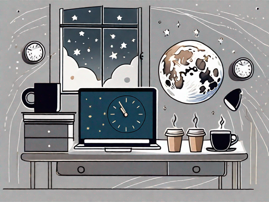 A workplace desk with a coffee cup