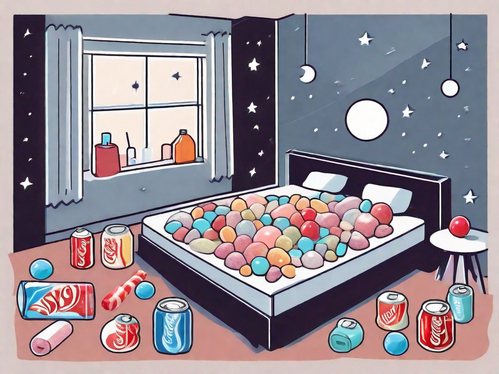 A night scene where a bed is surrounded by various sugary foods like candies and soda cans