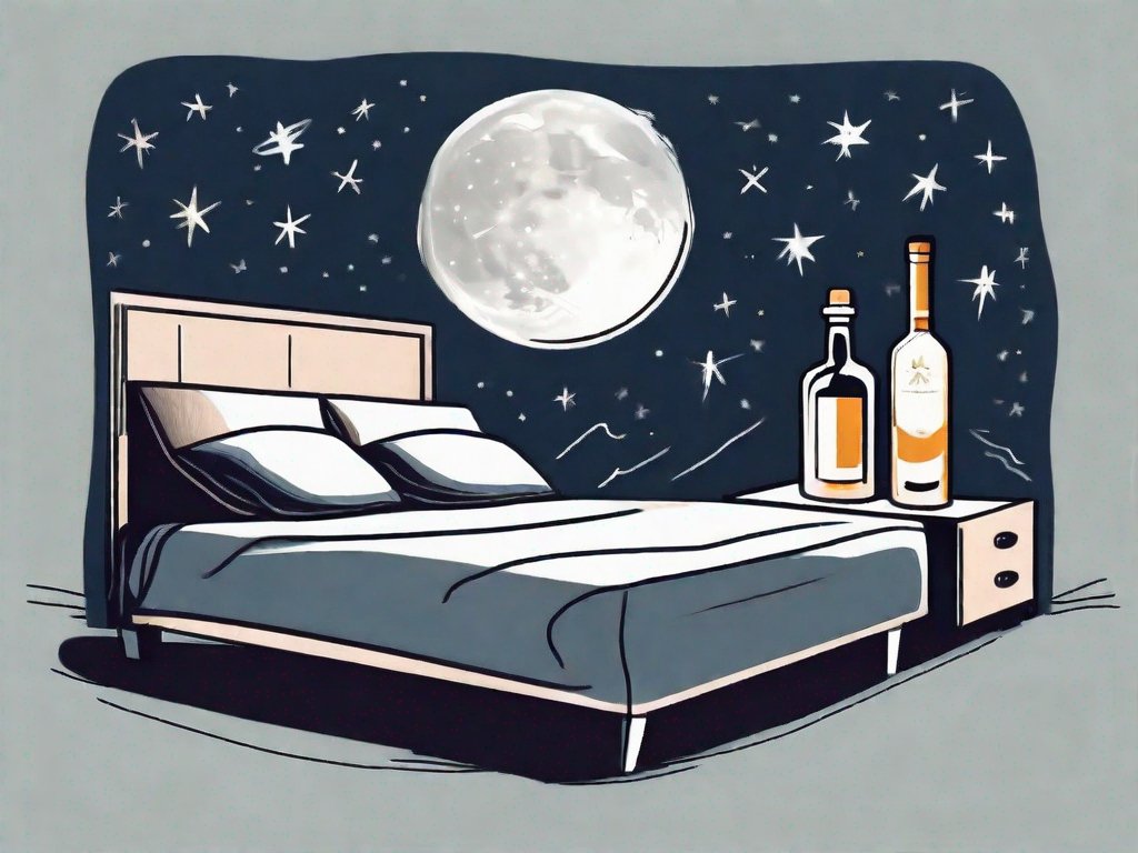 A night scene featuring a bottle of alcohol and a bed