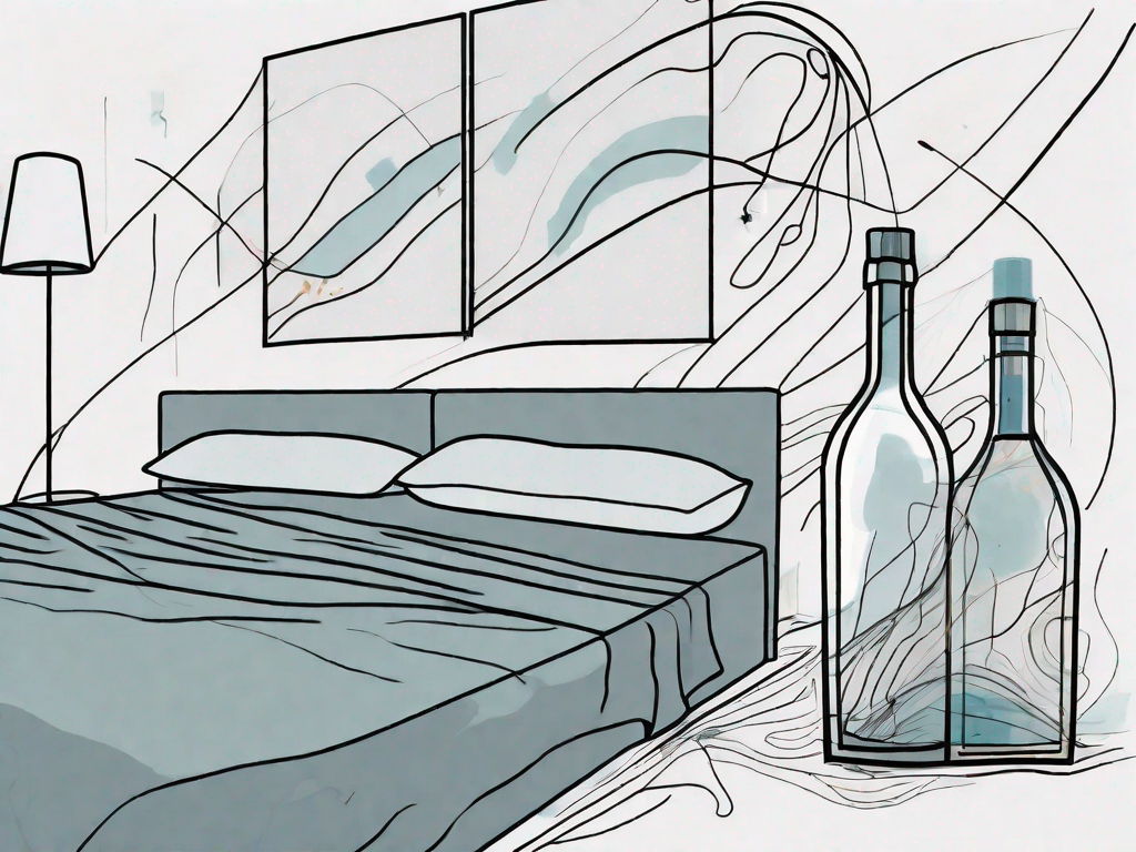 A half-full bottle of alcohol next to a bed with a chaotic