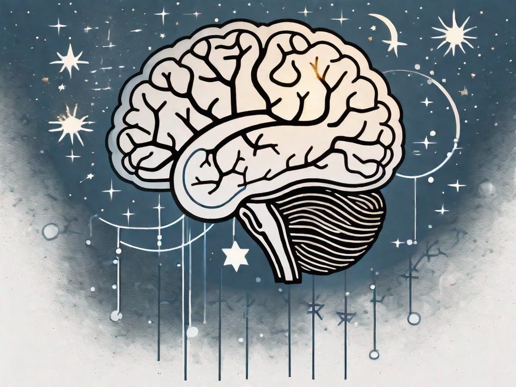 A brain with serotonin molecules and a moon with stars