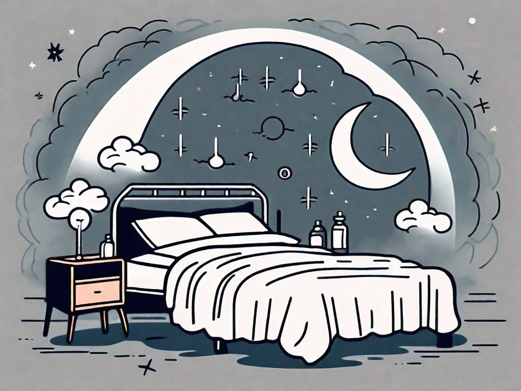 A bed surrounded by various stress symbols like a ticking clock