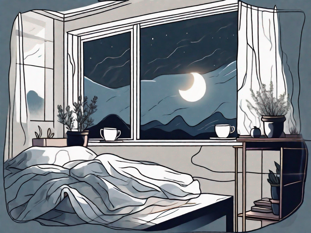 A bed with crumpled sheets and a box of tissues on the nightstand