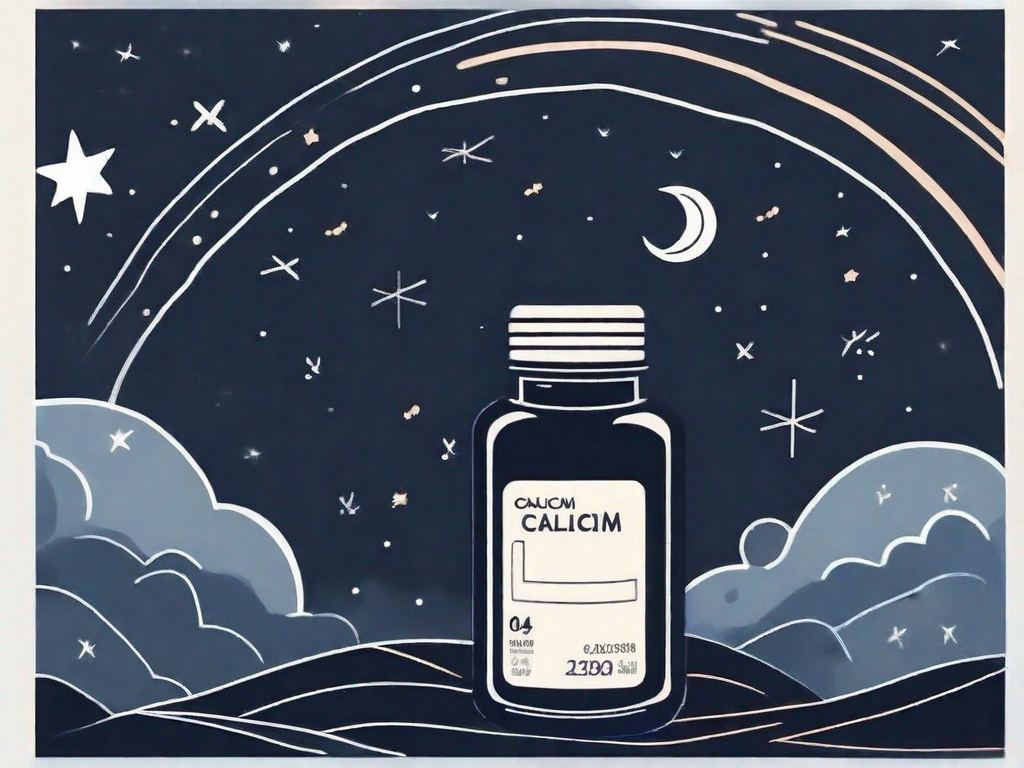 A calcium supplement bottle next to a night sky with a moon and stars
