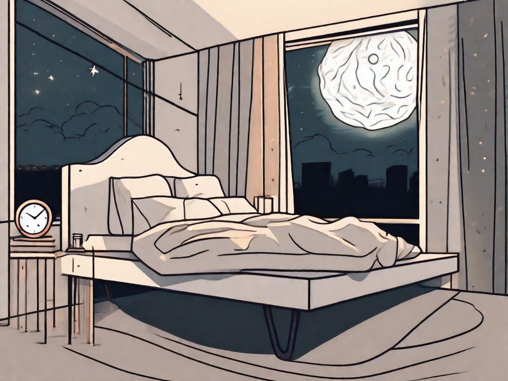 A bedroom scene at night with a glowing moon visible through the window