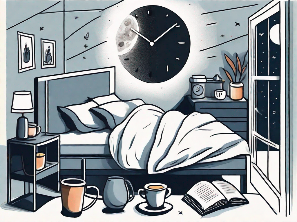 A restless bed with a glowing moon peering through a window