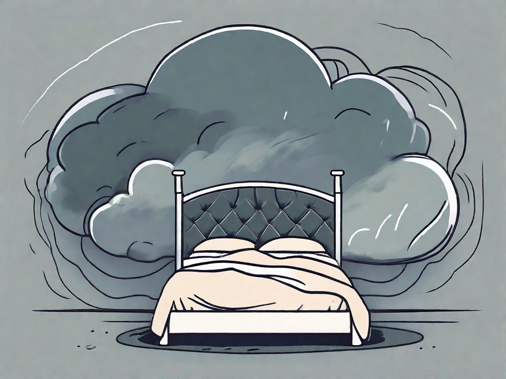 A bed with a storm cloud above it