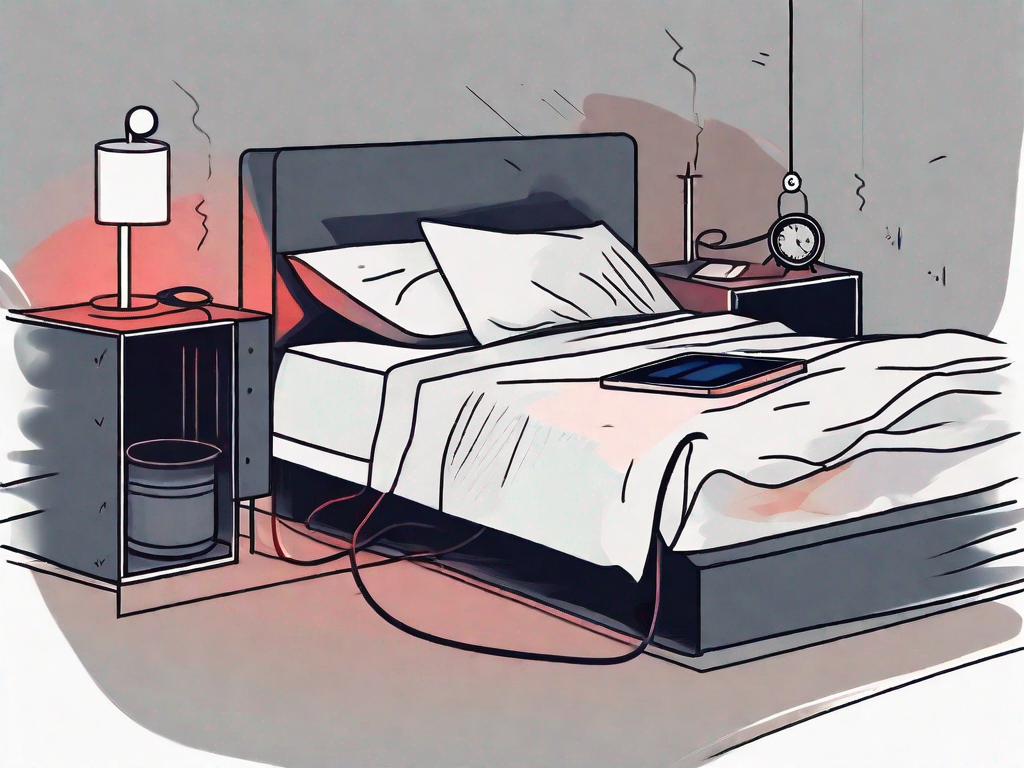 A bed with a blood pressure monitor on the nightstand