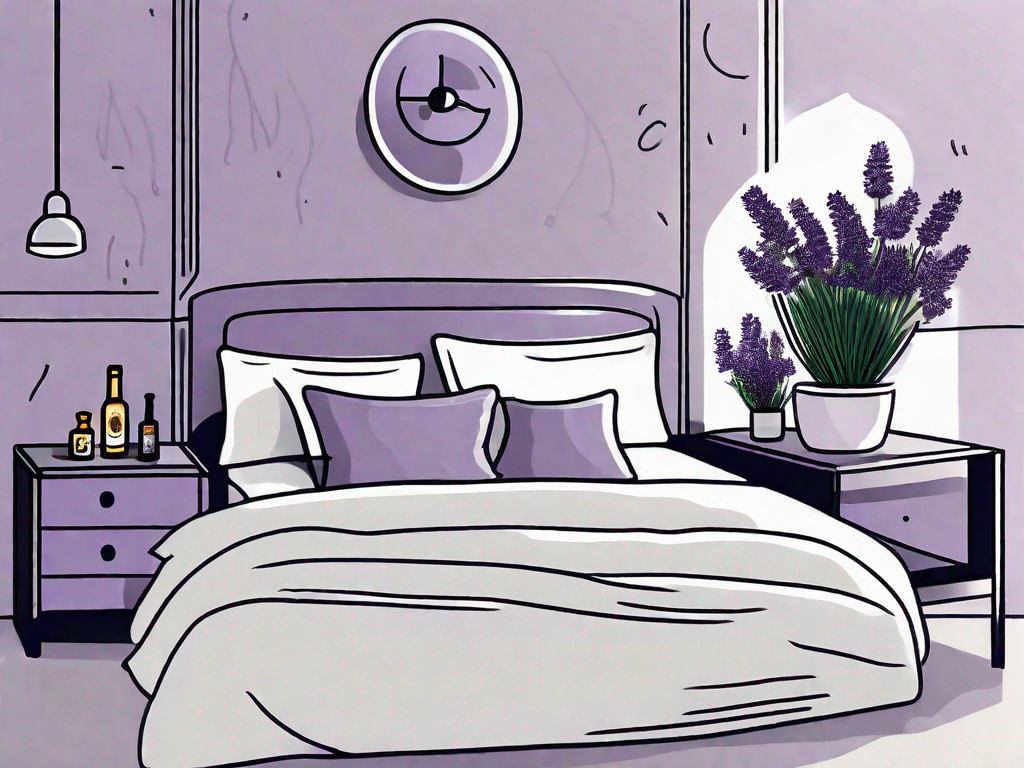 A comfortable bedroom environment with a bottle of schweppes on a bedside table