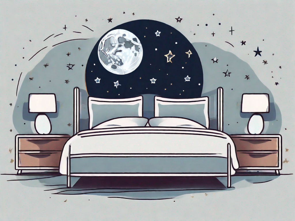 A bed with a moon and stars in the background