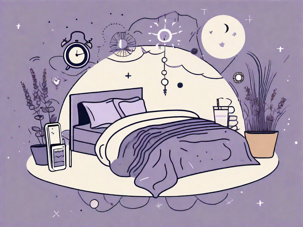 A bed surrounded by various symbols representing stressors such as a clock showing midnight