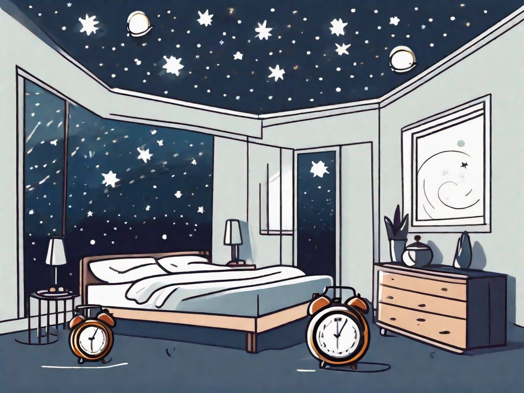 A bed surrounded by several alarm clocks