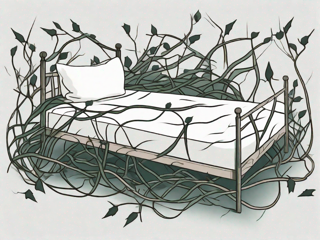A bed tangled in thorny vines