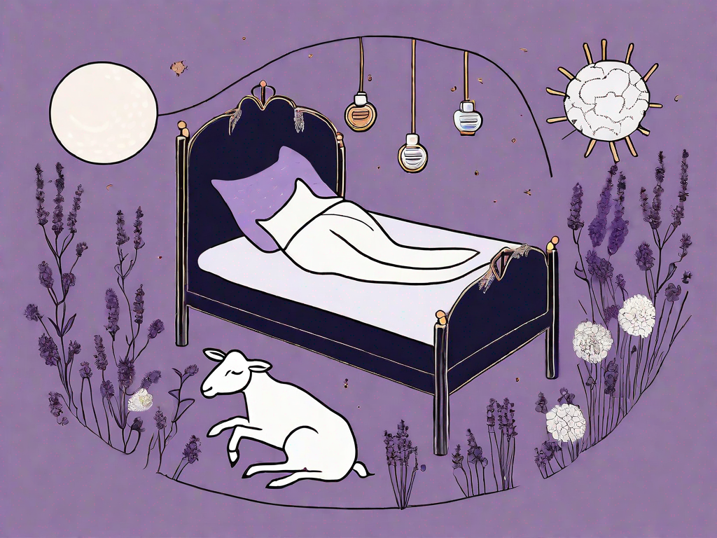A bed surrounded by symbolic elements such as a coronavirus shape