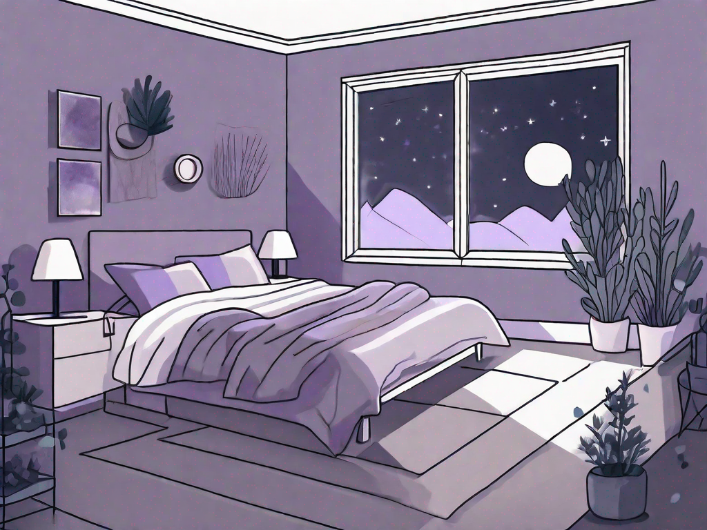 A dimly lit bedroom with a neatly made bed