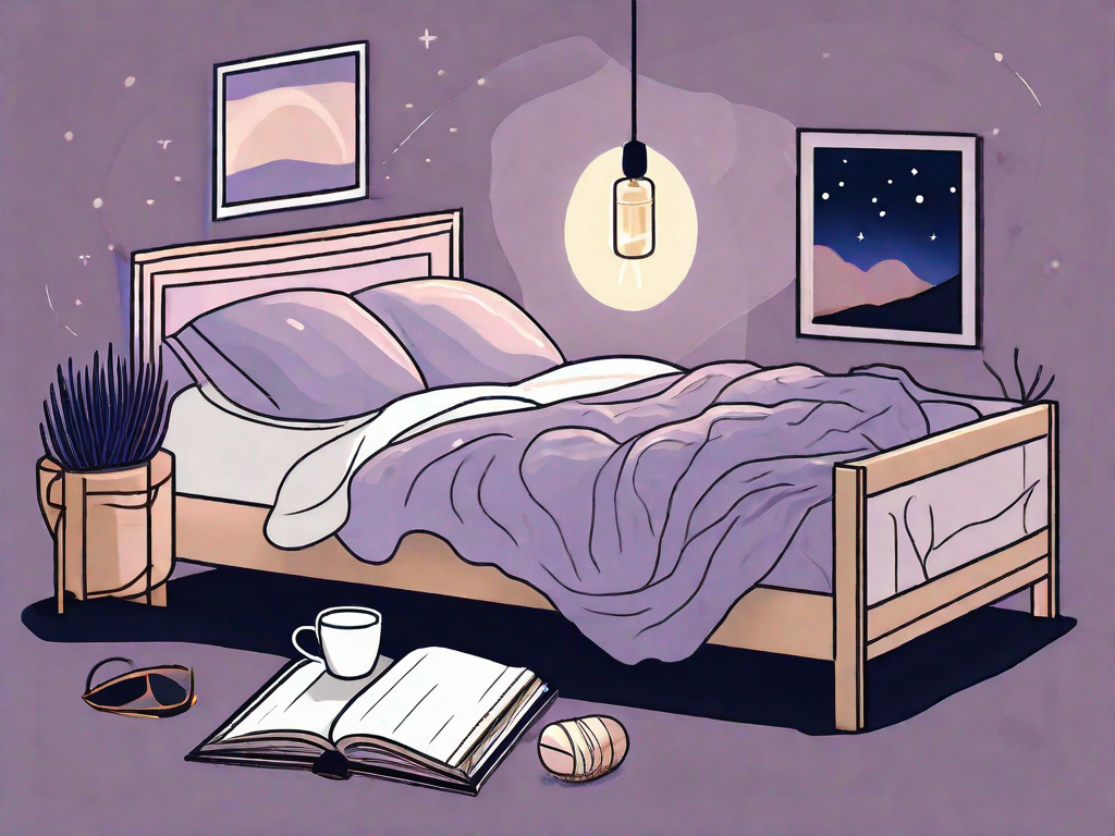 A bed surrounded by various items related to sleep such as a sleep mask