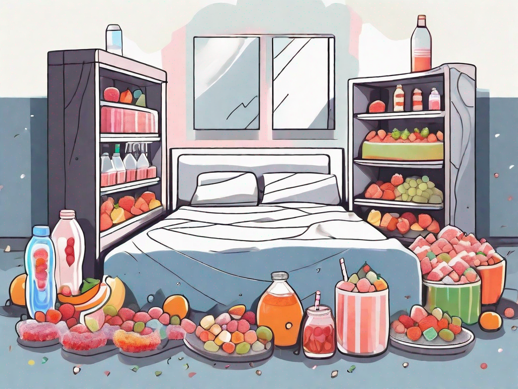 A night-time scene with a bed surrounded by sugary foods like candy