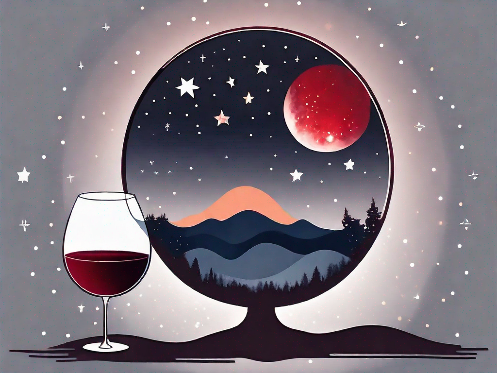 A wineglass filled with red wine next to a night sky with stars and a moon